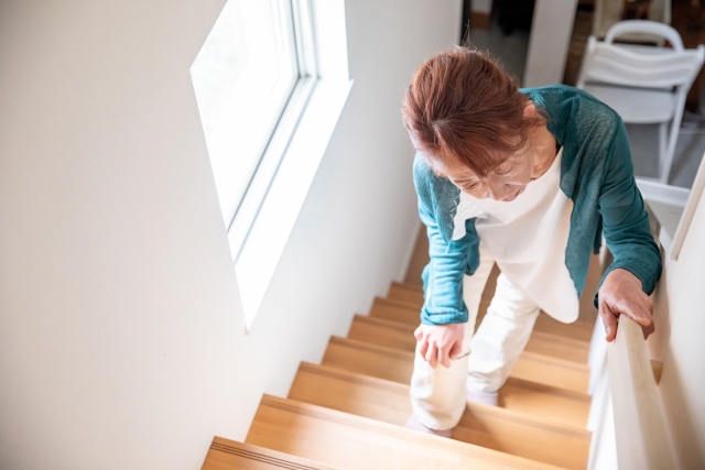 手すりにつかまって階段を上る高齢の女性
